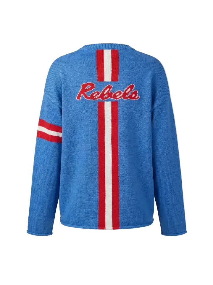 Rep the Rebels in style in our Powder Blue Ole Miss sweater. A must have for any Hotty Toddy fan. Featuring the classic OLE MISS logo on the front and REBELS on the back in the stripe break. Perfect for Grove tailgates, game days or just showing your Rebels spirit every day! Available on our site. Proud to be officially licensed. 