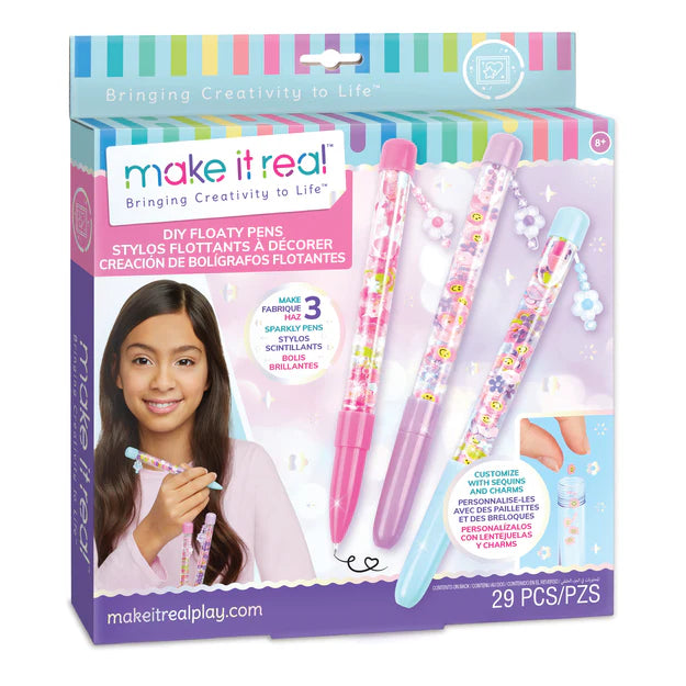 Create 3 Floaty Pens and be mesmerized as the glitter, charms, and icons float around in the pen. Includes a funnel, 3 pen bodies, caps, glitter, and shaped icons - enough to fill each pen more than once! Stand them up in the PlayTray for a mess free, sturdy way to load the contents and seal them up.