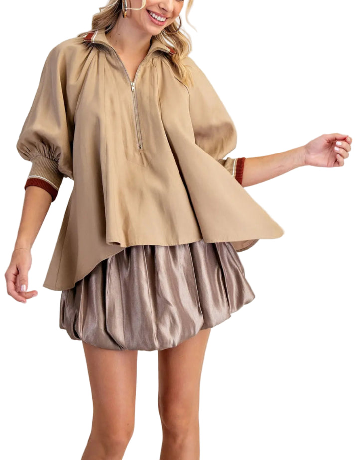 Rose Mock Neck Puff Sleeve Blouse