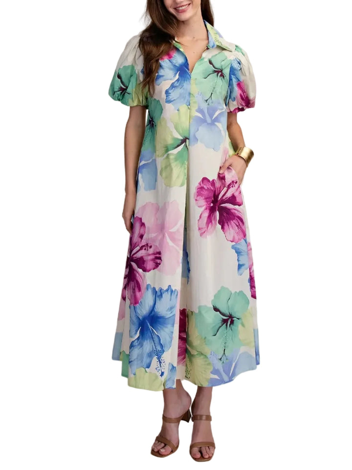 Susan Floral Puff Sleeve Pleated Midi Dress