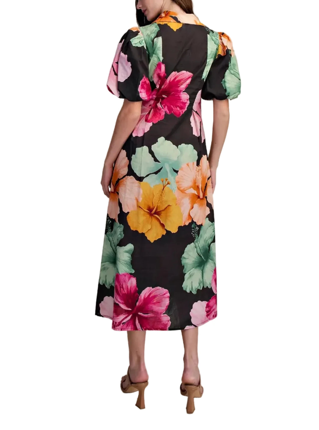 The Susan dress combines timeless elegance with modern flair. Featuring a flattering V-neckline, voluminous puff sleeves, and a structured collar, this midi silhouette drapes beautifully with pleated detailing throughout.&amp;nbsp;