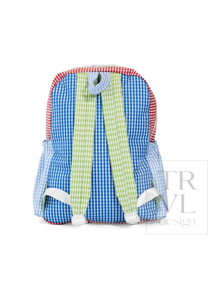 Backpack with blue and green checkered pattern on a white background