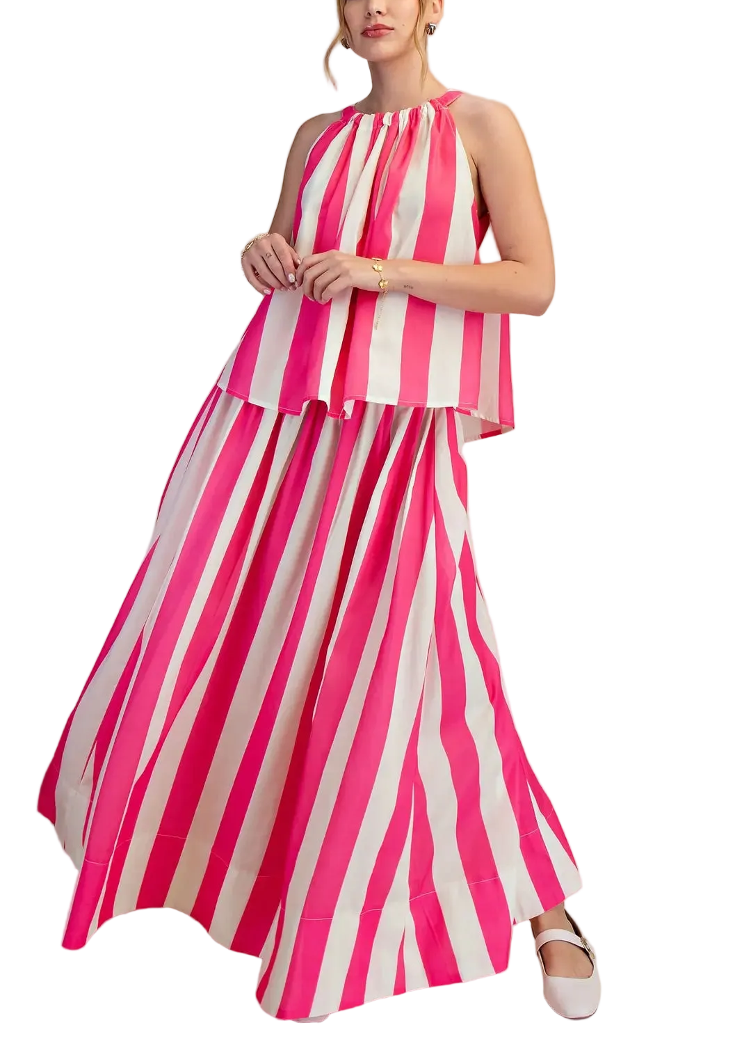 Elevate your everyday style with this effortless two-piece set! The stripe flare maxi skirt brings movement and flair to your wardrobe, while the round neck sleeveless top keeps things cool and comfortable. Perfect for casual outings, weekend adventures, or those days when you want to look put-together without trying too hard. Mix, match, and make it your own—this dynamic duo works solo or paired together for maximum versatility and fun!