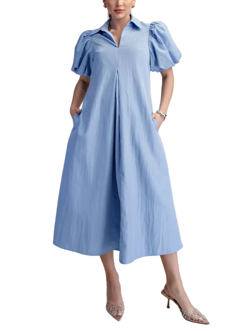 Collar V-Neck Puff Sleeve Pleated Midi Dress
