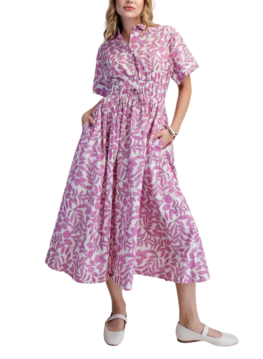 Embrace effortless spring summer style with this charming blue, pink and white floral print midi dress. Designed for comfort and chic versatility, this casual dress features a flattering cinched waist that creates a beautiful silhouette, accentuated by a gentle drawstring. The classic collared neckline and short sleeves offer a polished yet relaxed feel, perfect for warm-weather outings. Practical side pockets add a touch of everyday functionality, while the lightweight, breathable fabric ensures you stay c