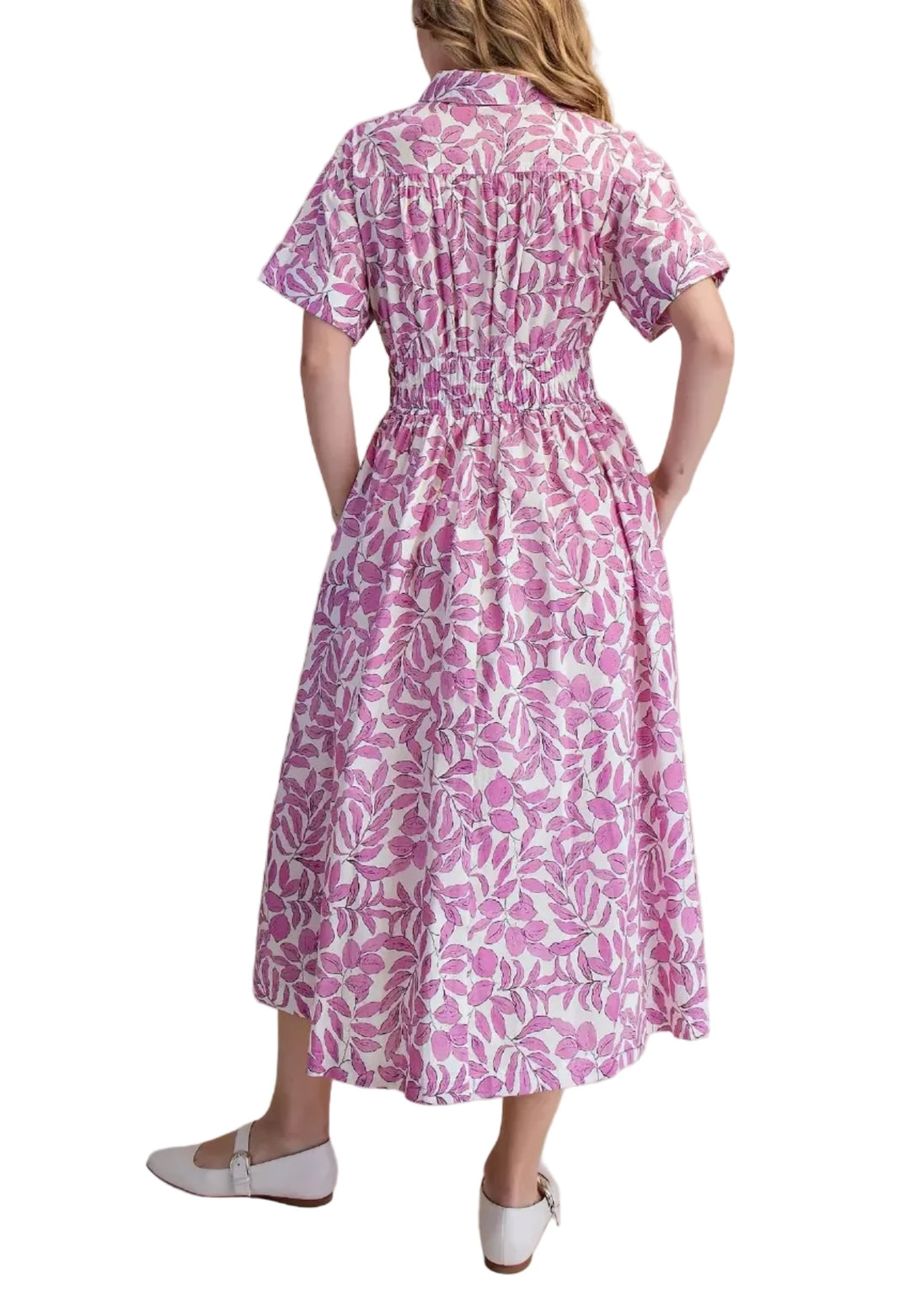Embrace effortless spring summer style with this charming blue, pink and white floral print midi dress. Designed for comfort and chic versatility, this casual dress features a flattering cinched waist that creates a beautiful silhouette, accentuated by a gentle drawstring. The classic collared neckline and short sleeves offer a polished yet relaxed feel, perfect for warm-weather outings. Practical side pockets add a touch of everyday functionality, while the lightweight, breathable fabric ensures you stay c