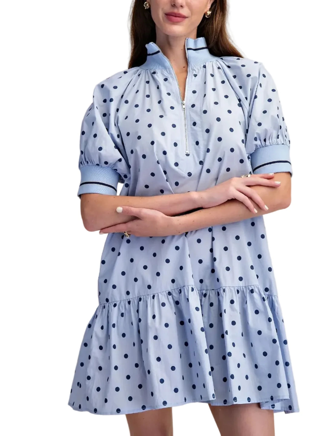 This charming polka dot dress is the epitome of effortless spring summer style. Crafted from a lightweight, breathable fabric, it ensures maximum comfort on warm days. The playful color polka dots scattered across a soft background create a timeless and eye-catching pattern. Featuring short puff sleeves with contrasting trim and a convenient zip-neckline, this dress offers a touch of sporty chic. The tiered, ruffled hem adds a feminine flourish and a flattering silhouette. Perfect for casual outings, weeken