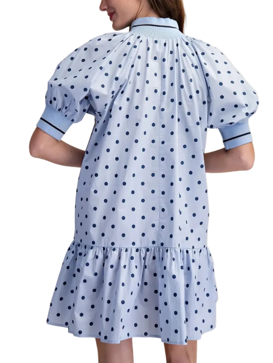 This charming polka dot dress is the epitome of effortless spring summer style. Crafted from a lightweight, breathable fabric, it ensures maximum comfort on warm days. The playful color polka dots scattered across a soft background create a timeless and eye-catching pattern. Featuring short puff sleeves with contrasting trim and a convenient zip-neckline, this dress offers a touch of sporty chic. The tiered, ruffled hem adds a feminine flourish and a flattering silhouette. Perfect for casual outings, weeken