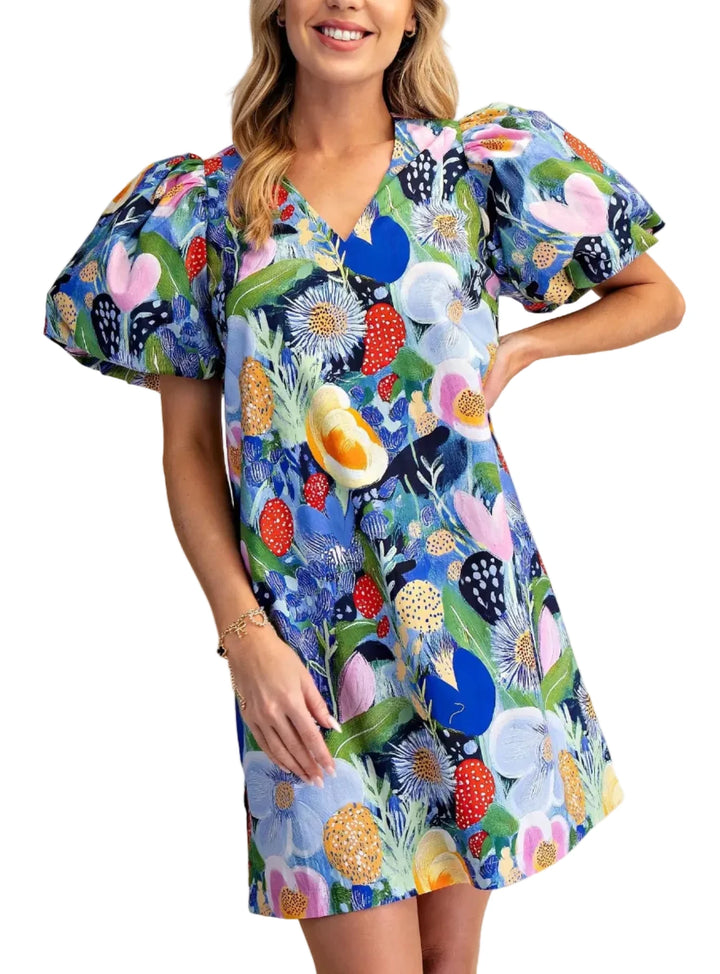 Balloon Sleeve Floral Printed Mini Dress