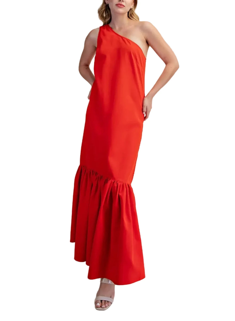 Make a striking entrance with this effortless yet architectural statement piece. Designed in a vibrant color, this maxi dress features a chic, asymmetrical one-shoulder neckline that drapes elegantly into a relaxed, flowing bodice. The standout feature is the dramatic, drop-waist ruffled hem, which adds stunning volume and movement as you walk. Whether you are attending a summer wedding, a resort getaway, or a daytime garden party, this dress perfectly balances high-fashion flair with all-day comfort.