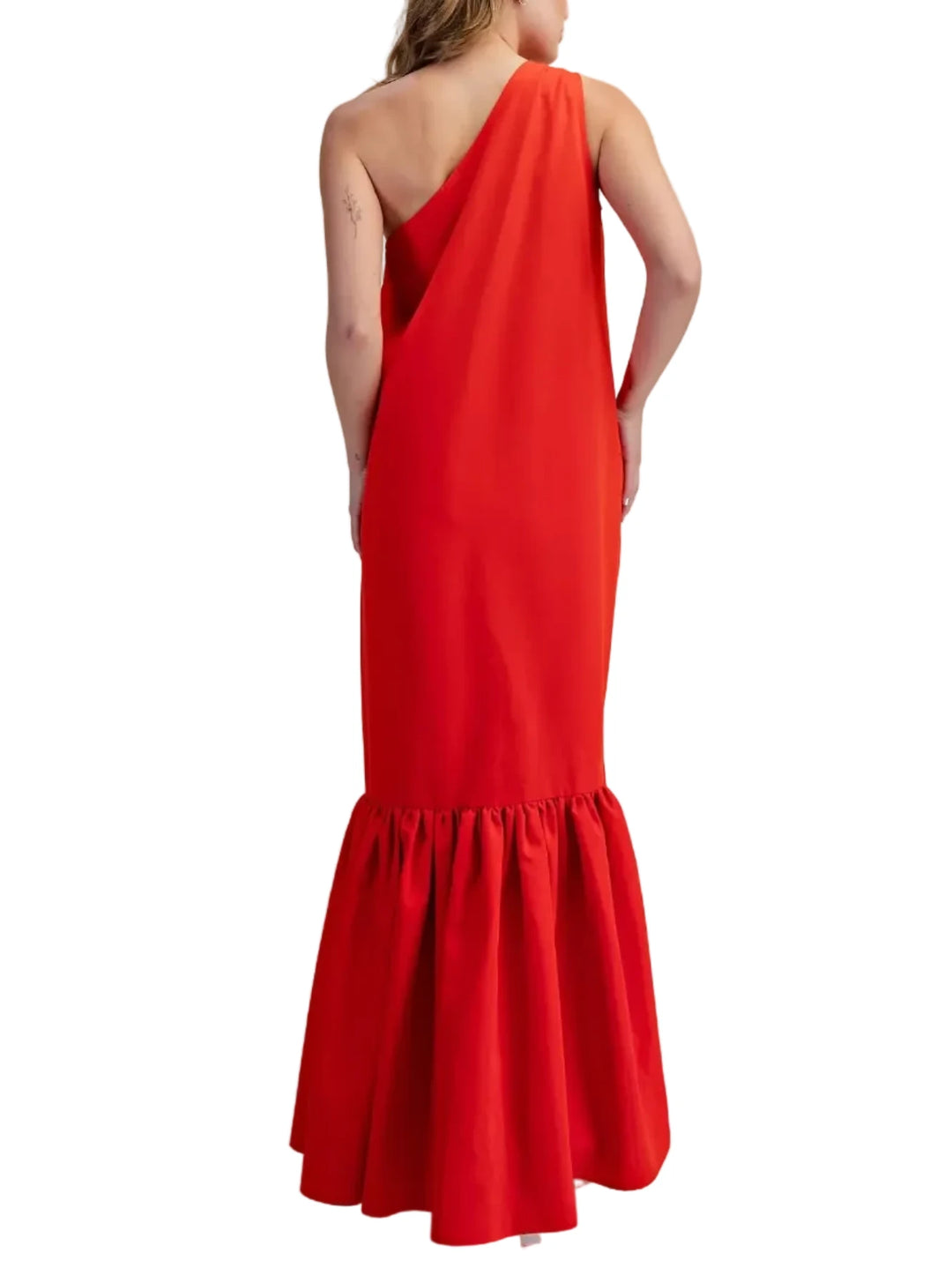Make a striking entrance with this effortless yet architectural statement piece. Designed in a vibrant color, this maxi dress features a chic, asymmetrical one-shoulder neckline that drapes elegantly into a relaxed, flowing bodice. The standout feature is the dramatic, drop-waist ruffled hem, which adds stunning volume and movement as you walk. Whether you are attending a summer wedding, a resort getaway, or a daytime garden party, this dress perfectly balances high-fashion flair with all-day comfort.