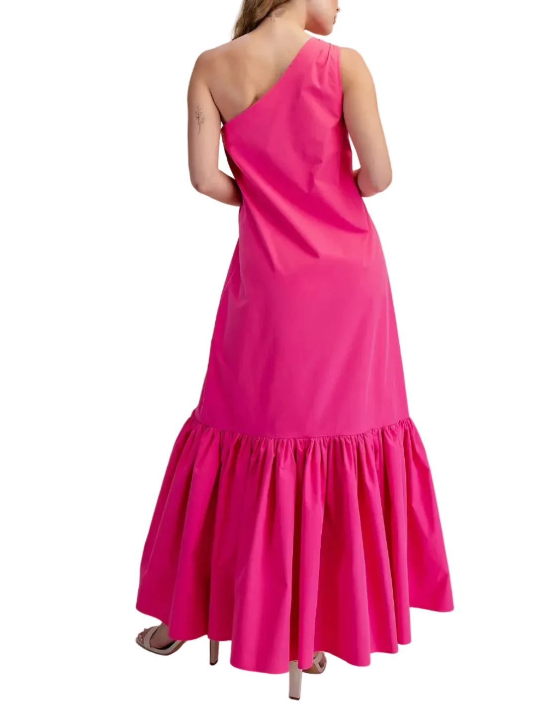 Make a striking entrance with this effortless yet architectural statement piece. Designed in a vibrant color, this maxi dress features a chic, asymmetrical one-shoulder neckline that drapes elegantly into a relaxed, flowing bodice. The standout feature is the dramatic, drop-waist ruffled hem, which adds stunning volume and movement as you walk. Whether you are attending a summer wedding, a resort getaway, or a daytime garden party, this dress perfectly balances high-fashion flair with all-day comfort.