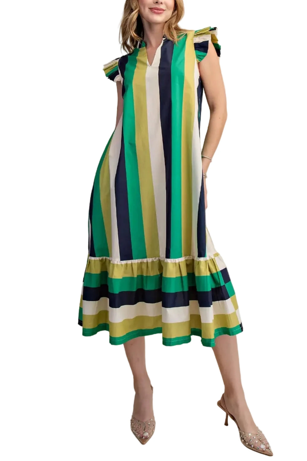 Embrace vibrant style with this eye-catching striped midi dress. Designed for effortless charm, it features a flattering V-neckline and playful ruffle sleeves that add a touch of feminine flair. The flowy silhouette cascades down to a charming tiered hem, creating beautiful movement with every step. Crafted from a lightweight, breathable fabric, this dress is perfect for sunny days and casual outings. Its bold, colorful stripes in shades of clear pop colors make a joyful statement, ideal for spring and summ