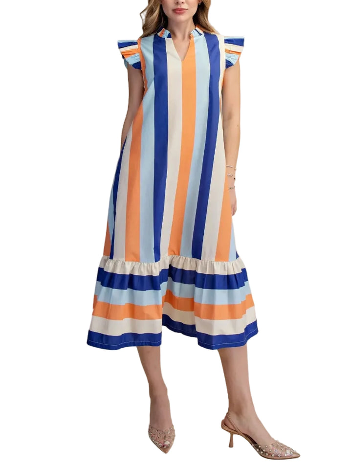 Embrace vibrant style with this eye-catching striped midi dress. Designed for effortless charm, it features a flattering V-neckline and playful ruffle sleeves that add a touch of feminine flair. The flowy silhouette cascades down to a charming tiered hem, creating beautiful movement with every step. Crafted from a lightweight, breathable fabric, this dress is perfect for sunny days and casual outings. Its bold, colorful stripes in shades of clear pop colors make a joyful statement, ideal for spring and summ