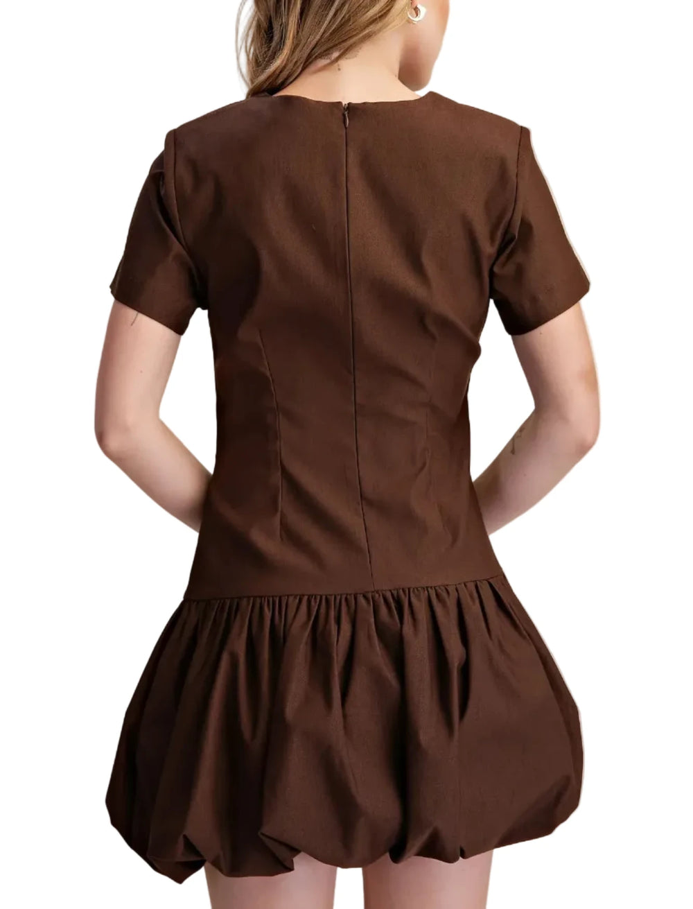 Embrace effortless chic with this stunning brown casual dress. Designed for the modern woman, it features a flattering round neckline and chic short sleeves, perfect for warmer days. The dress is artfully detailed with subtle ruched detailing on the bodice, adding a touch of sophisticated texture. The skirt cascades into a playful gathered and bubble hem, creating a unique and eye-catching silhouette. Crafted from a comfortable and stretchy fabric, this mini dress is ideal for a variety of occasions, from c