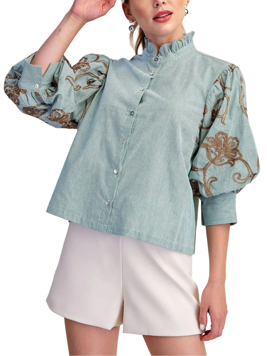 Ruffle Neck Embroidered Top