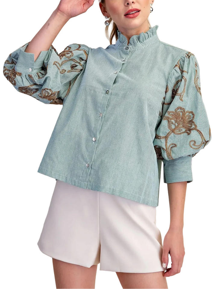 Ruffle Neck Embroidered Top