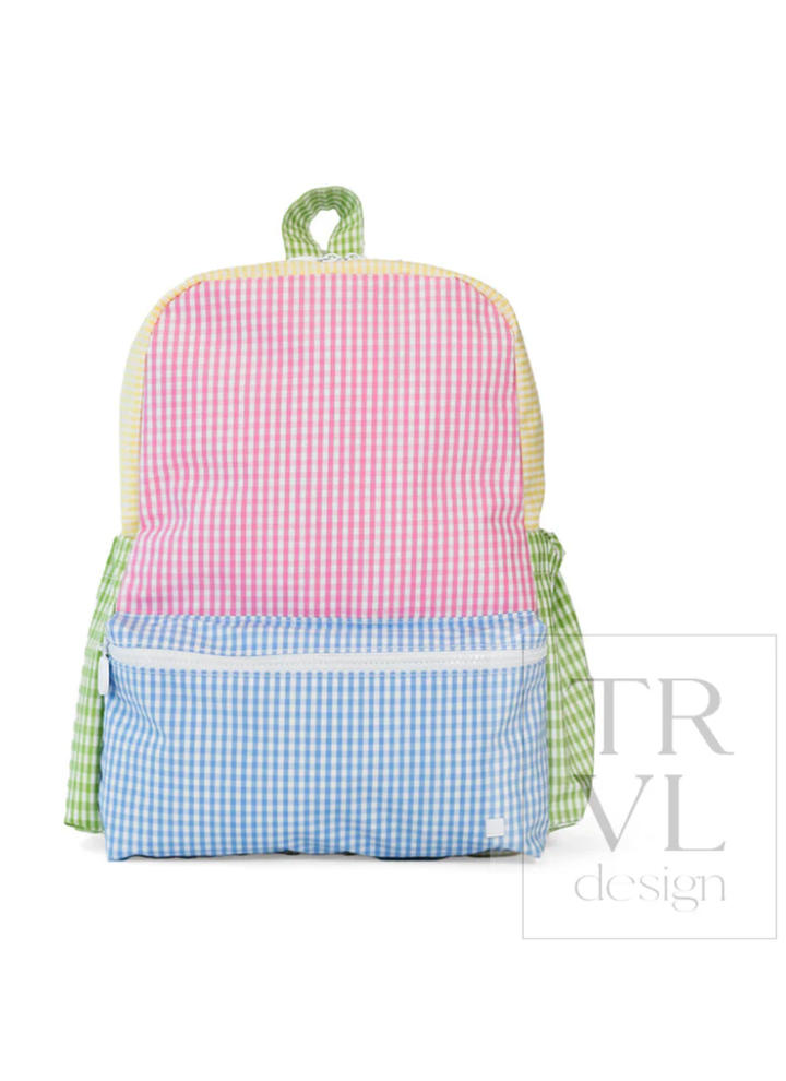 Backpack with pink, blue, and green checkered pattern on a white background