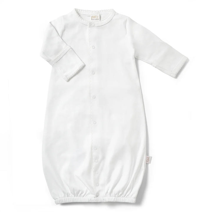 Designed with a gentle elasticized hem for easy diaper changes, this converter gown offers everyday comfort and effortless functionality. Built-in fold-over cuffs help protect delicate skin from scratches, making it a thoughtful take home outfit or cherished baby shower gift.&amp;nbsp; - white