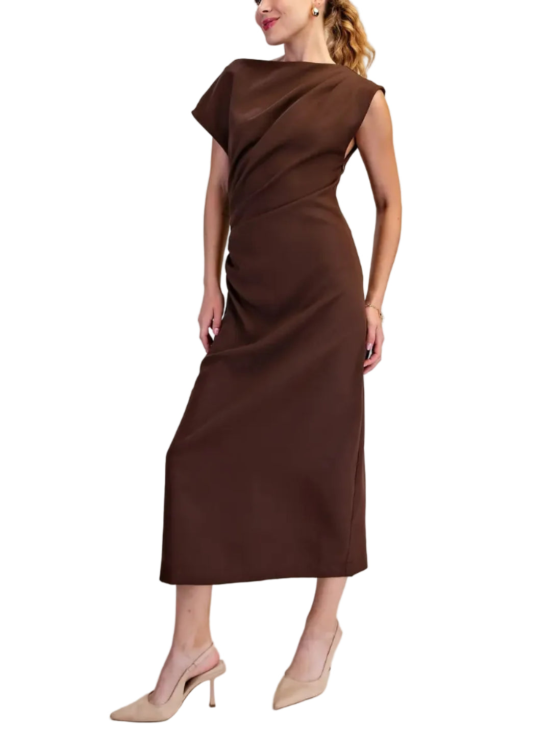 A woman modeling a dark brown midi dress with a draped, asymmetrical neckline and cap sleeves, paired with beige pointed-toe slingback heels, against a solid beige studio background.