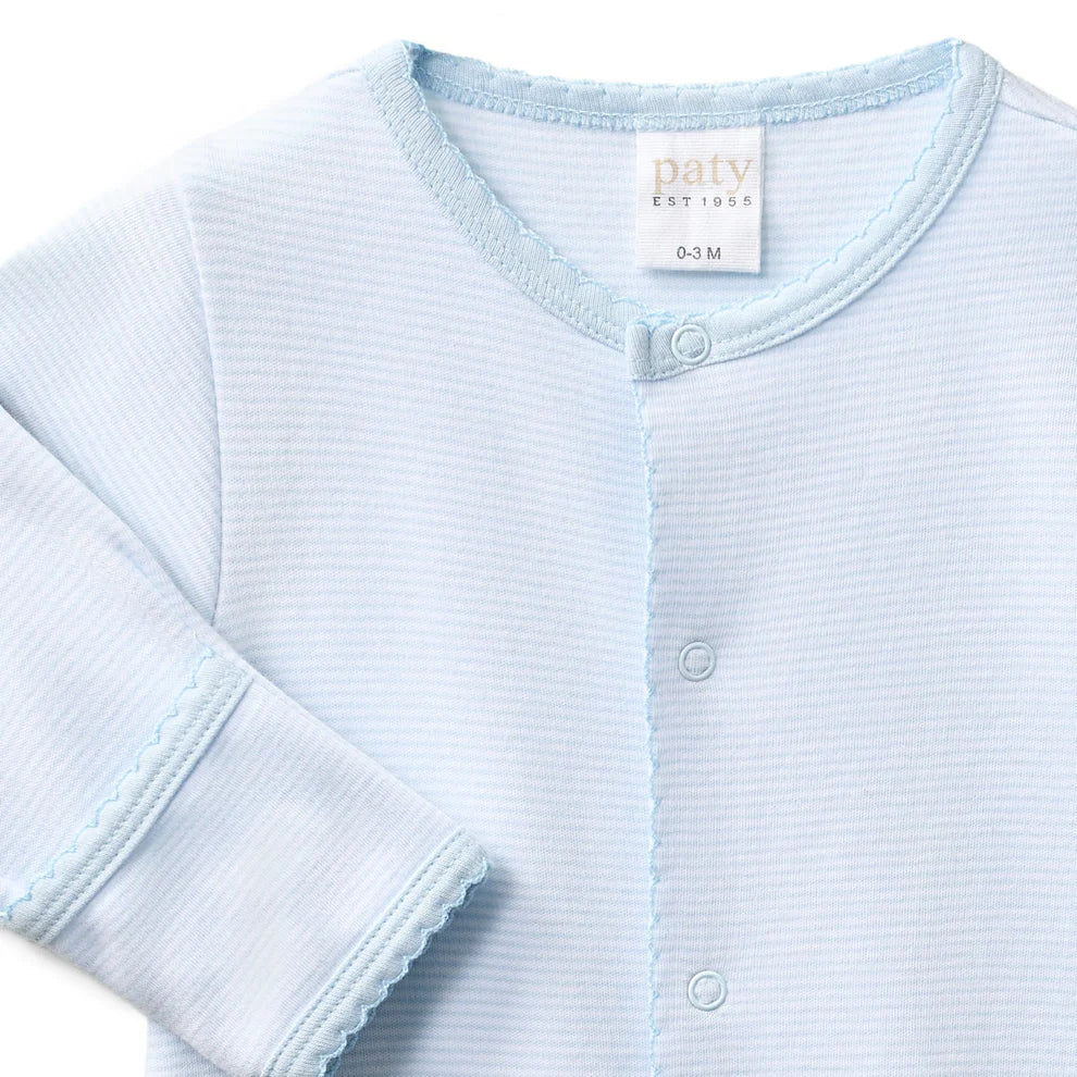 This versatile style conveniently converts from a gown to a romper as baby grows. Designed with a gentle elasticized hem for easy diaper changes, it offers everyday comfort and effortless functionality. Built in fold-over cuffs help protect delicate skin from scratches, making it a thoughtful take home outfit or cherished baby shower gift.
