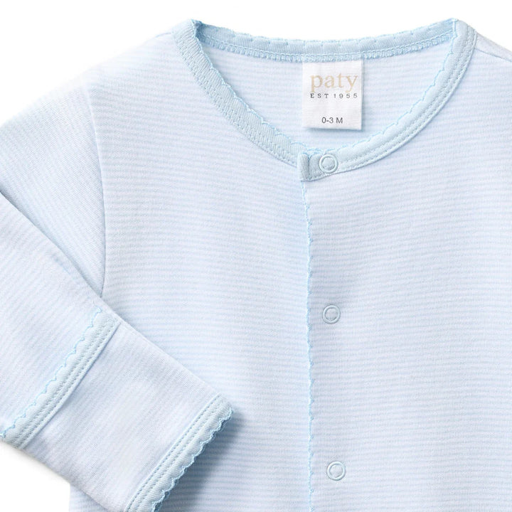 This versatile style conveniently converts from a gown to a romper as baby grows. Designed with a gentle elasticized hem for easy diaper changes, it offers everyday comfort and effortless functionality. Built in fold-over cuffs help protect delicate skin from scratches, making it a thoughtful take home outfit or cherished baby shower gift.