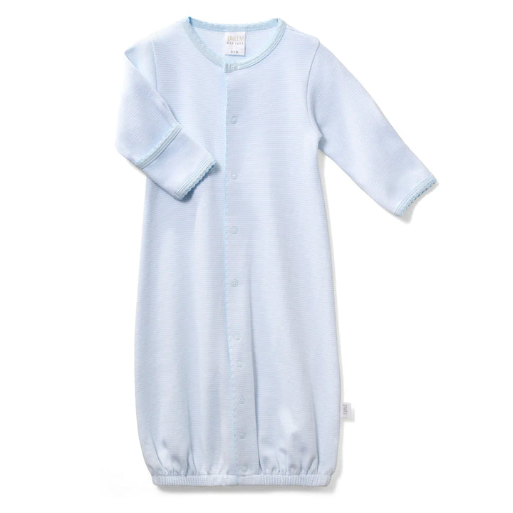 This versatile style conveniently converts from a gown to a romper as baby grows. Designed with a gentle elasticized hem for easy diaper changes, it offers everyday comfort and effortless functionality. Built in fold-over cuffs help protect delicate skin from scratches, making it a thoughtful take home outfit or cherished baby shower gift.