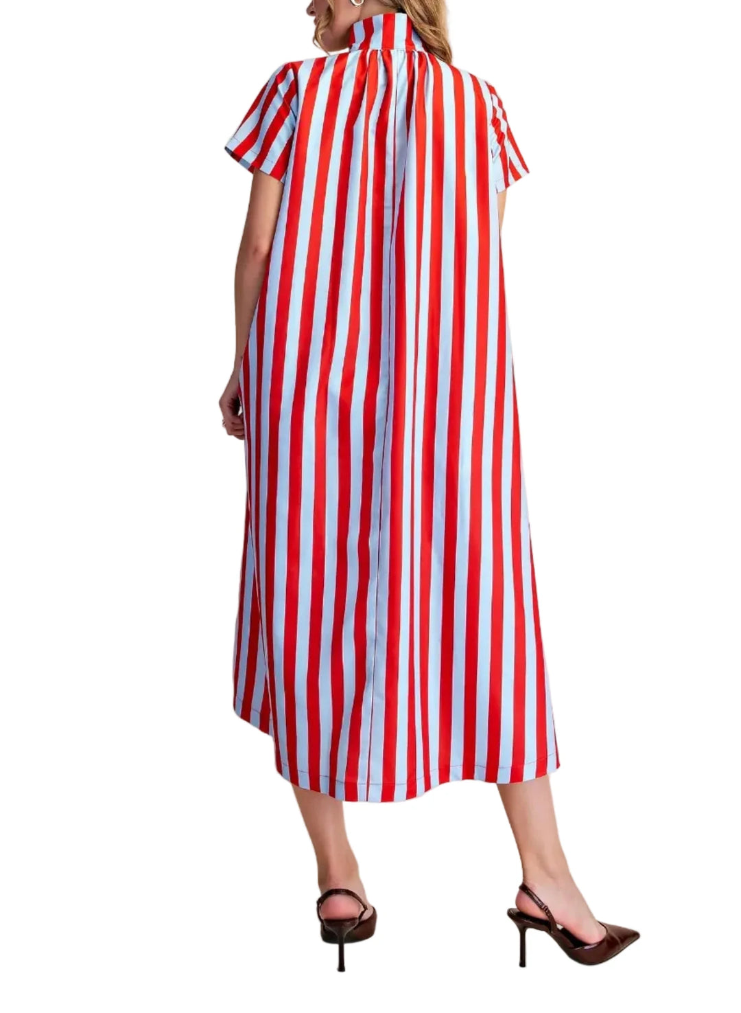 Elevate your everyday style with this stunning striped midi dress. Designed for comfort and effortless chic, it features a flattering A-line silhouette and practical pockets, making it perfect for any casual occasion. The eye-catching contrast stripe pattern, combined with a classic collared neckline and delicate button detailing, adds a touch of sophistication. Short sleeves provide a breezy feel, ideal for warmer weather. Crafted from a lightweight fabric, this dress drapes beautifully, offering both ease