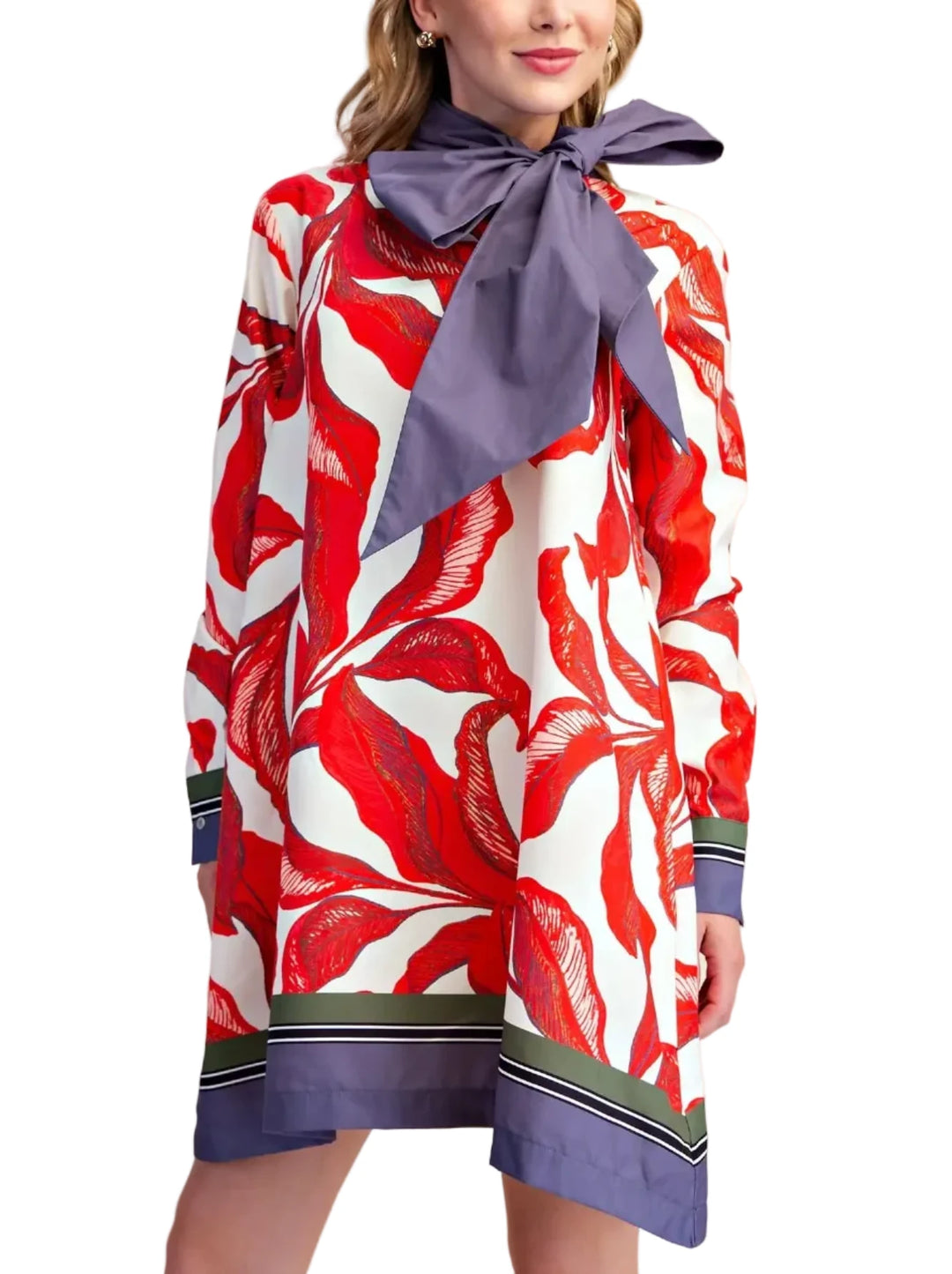 Make a vibrant statement with this eye-catching print mini dress. Featuring a striking leaf print in shades of holiday mood, this dress is designed to turn heads. The bold, oversized bow at the neckline adds a playful yet sophisticated touch, perfect for any cocktail or holiday / party occasion. Long sleeves and a flattering A-line silhouette ensure comfort and style, while the contrasting red and white striped trim at the hem and cuffs adds a modern flair. This dress is an ideal choice for those who love t
