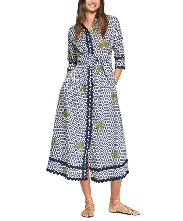 Escape to paradise with this stunning navy midi dress featuring an eye-catching ikat palmeras print. The front button-up design offers effortless style and versatility, while the included belt cinches your silhouette for a flattering, polished look. Perfect for everything from casual outings to elevated weekend getaways, this Vilagallo piece brings tropical-inspired charm and timeless elegance to your wardrobe. Dress it up or down—this beauty does it all.