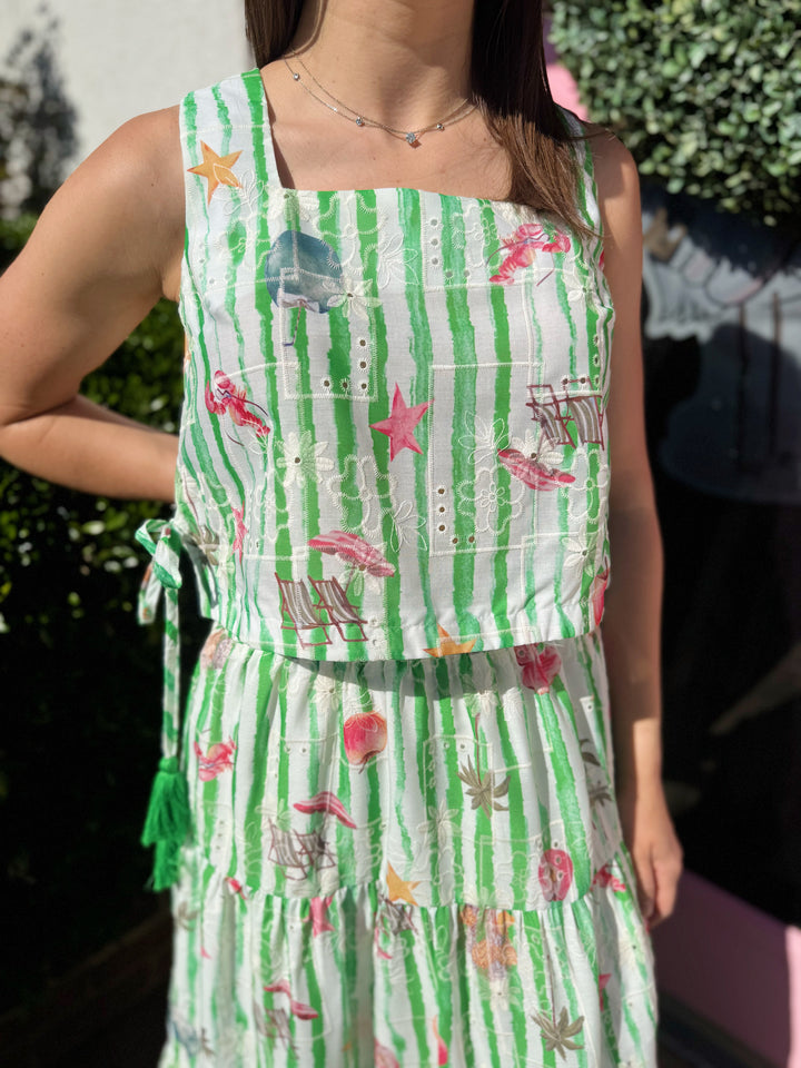 Lacey Beach Print Midi Skirt Set in Green - Pickering Boxwood