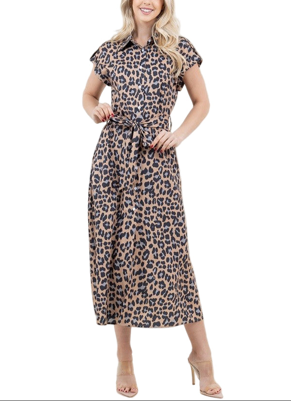 Leopard print midi dress that ties at the waist.