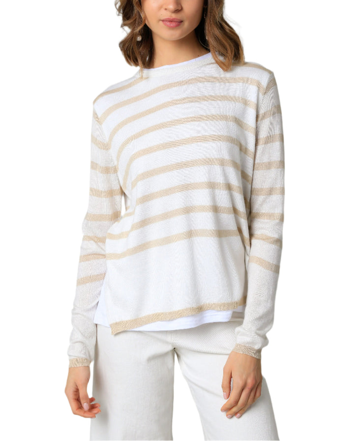 Our Double Layer Illusion Sweater Top features a thin knit material and a stripes. 

Knit. 

Fabric Contents
66%ACRYLIC,24%NYLON,10%WOOL