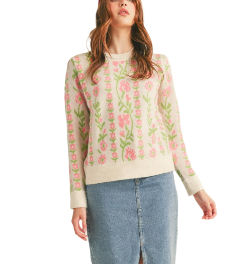 Floral knit pattern sweater
+ Ribbed round neckline
+ Floral knit pattern
+ Ribbed edges
+ Relaxed fit