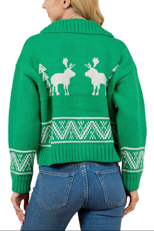 Get cozy and festive with this Reindeer Front Zipper Sweater in cheerful green! Featuring a fun reindeer design and an easy front zipper, it’s perfect for layering on chilly days. The cozy collar adds extra warmth while keeping your style fresh and playful. Ideal for holiday gatherings or everyday winter wear, this sweater brings a touch of whimsy to any outfit.