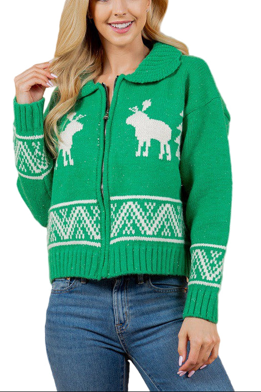 Get cozy and festive with this Reindeer Front Zipper Sweater in cheerful green! Featuring a fun reindeer design and an easy front zipper, it’s perfect for layering on chilly days. The cozy collar adds extra warmth while keeping your style fresh and playful. Ideal for holiday gatherings or everyday winter wear, this sweater brings a touch of whimsy to any outfit.