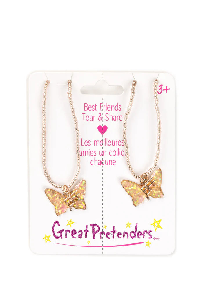 Butterfly necklaces made just for best friends! this set of 2 necklaces are made with clear iridescent beads with batching butterfly and BFF charms! This set makes the perfect gift for best friends or siblings!