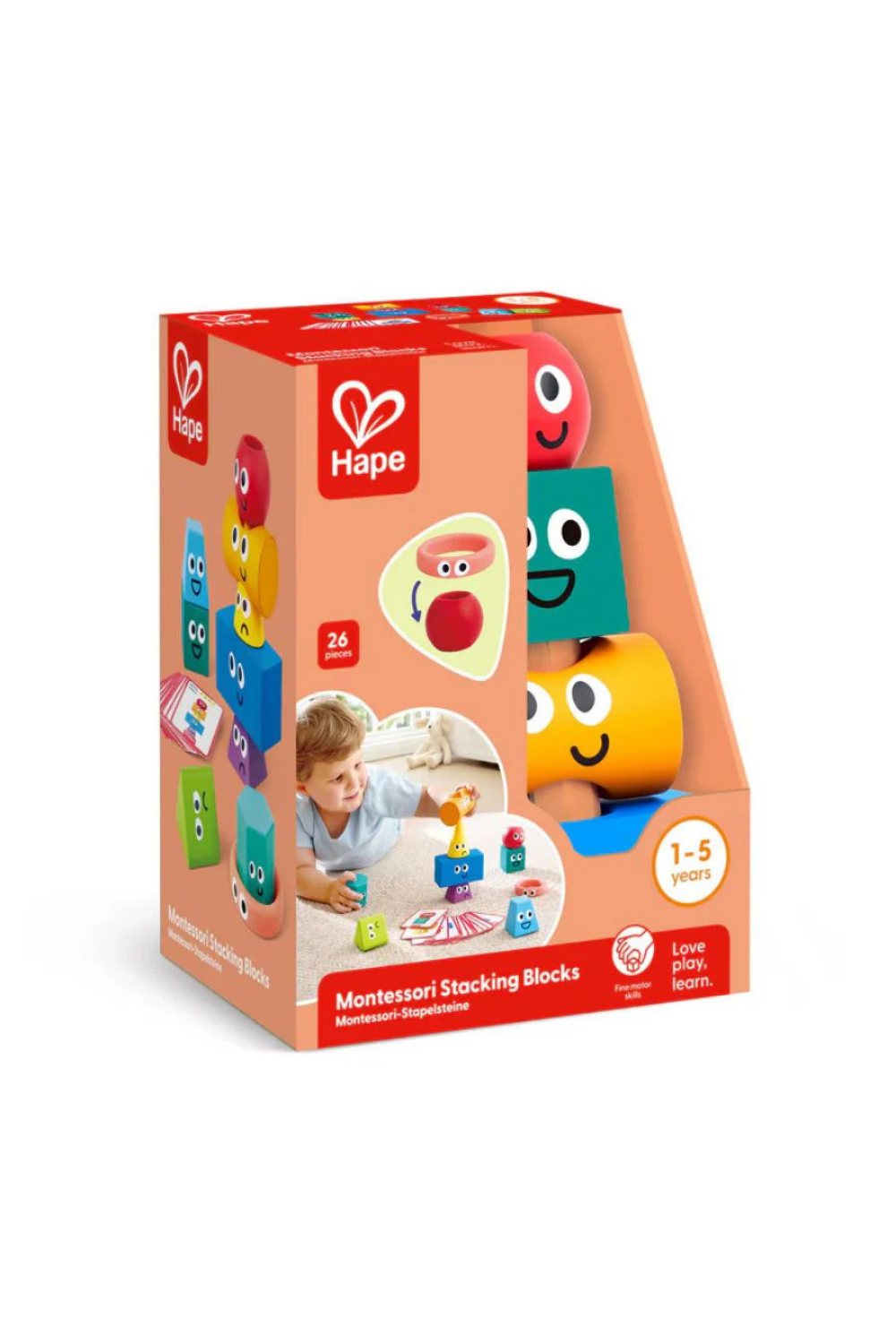 Hape Montessori Stacking Blocks packaging on a white background