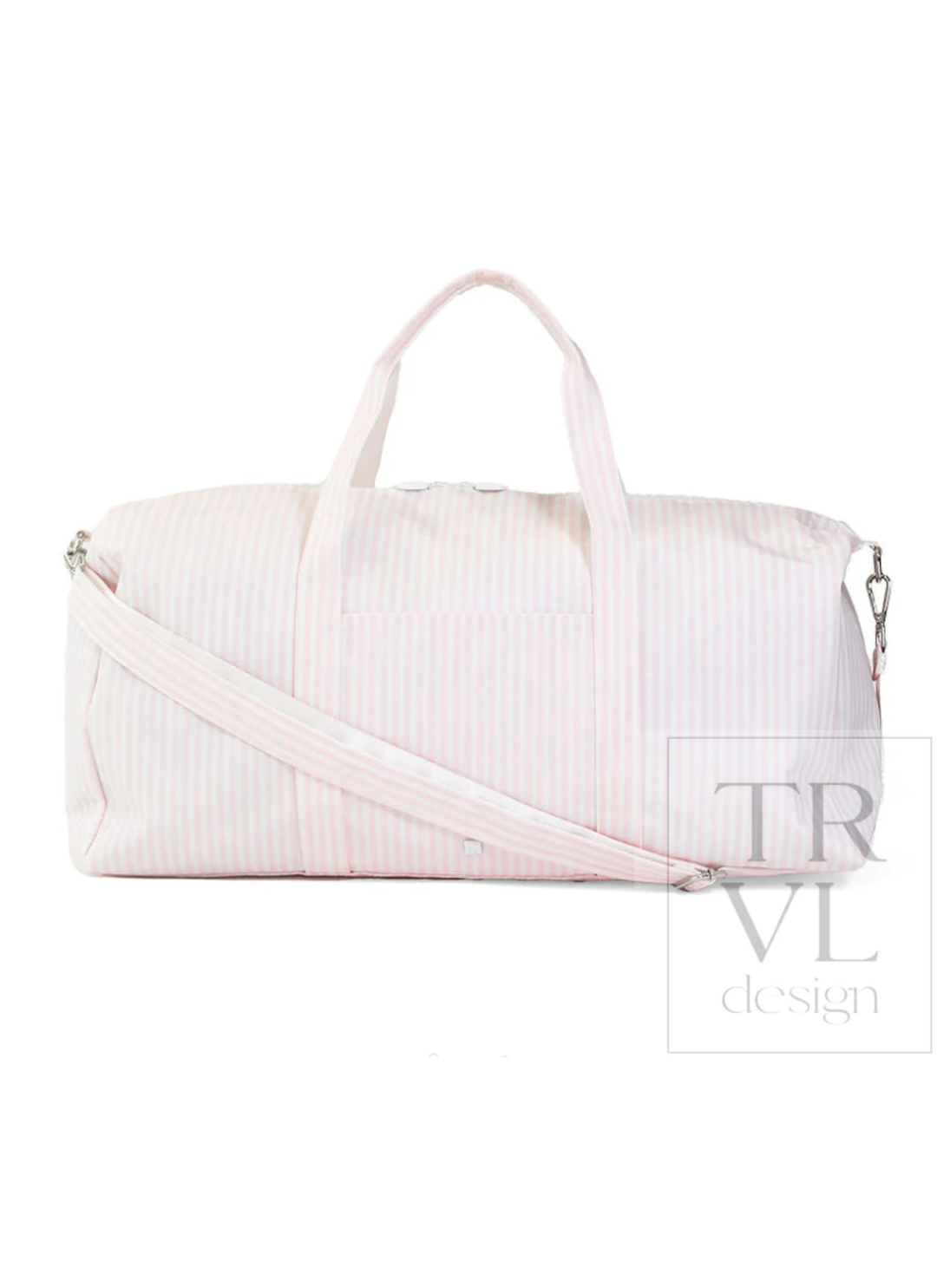 White duffel bag with a shoulder strap on a white background, featuring the brand &
