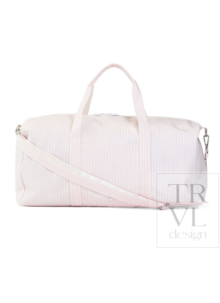 White duffel bag with a shoulder strap on a white background, featuring the brand &