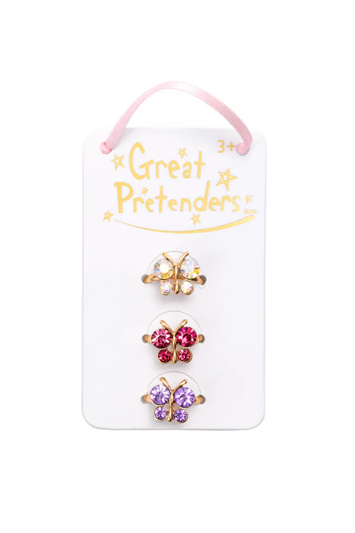 Bring on the sparkle and shine with our beautiful Boutique Butterfly Gem Rings. Each ring in this 3-piece set features a shimmery jewel-toned butterfly design on a gold-coloured band sized perfectly for little fingers.