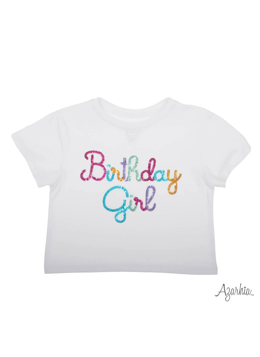 A white short-sleeve baby t-shirt featuring the text 'Birthday Girl' in a colorful, glittery cursive font across the chest. The brand name 'Azarkia' is printed in a small gray script in the bottom right corner.
