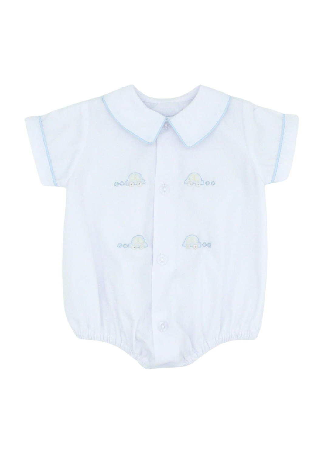 This adorable bubble is designed for your little man and features precious hand-embroidered cars that add a delightful touch. Button-front design with snap closure at the inseam for easy dressing and diaper changes. A timeless keepsake piece that combines heirloom-quality craftsmanship with everyday wearability.