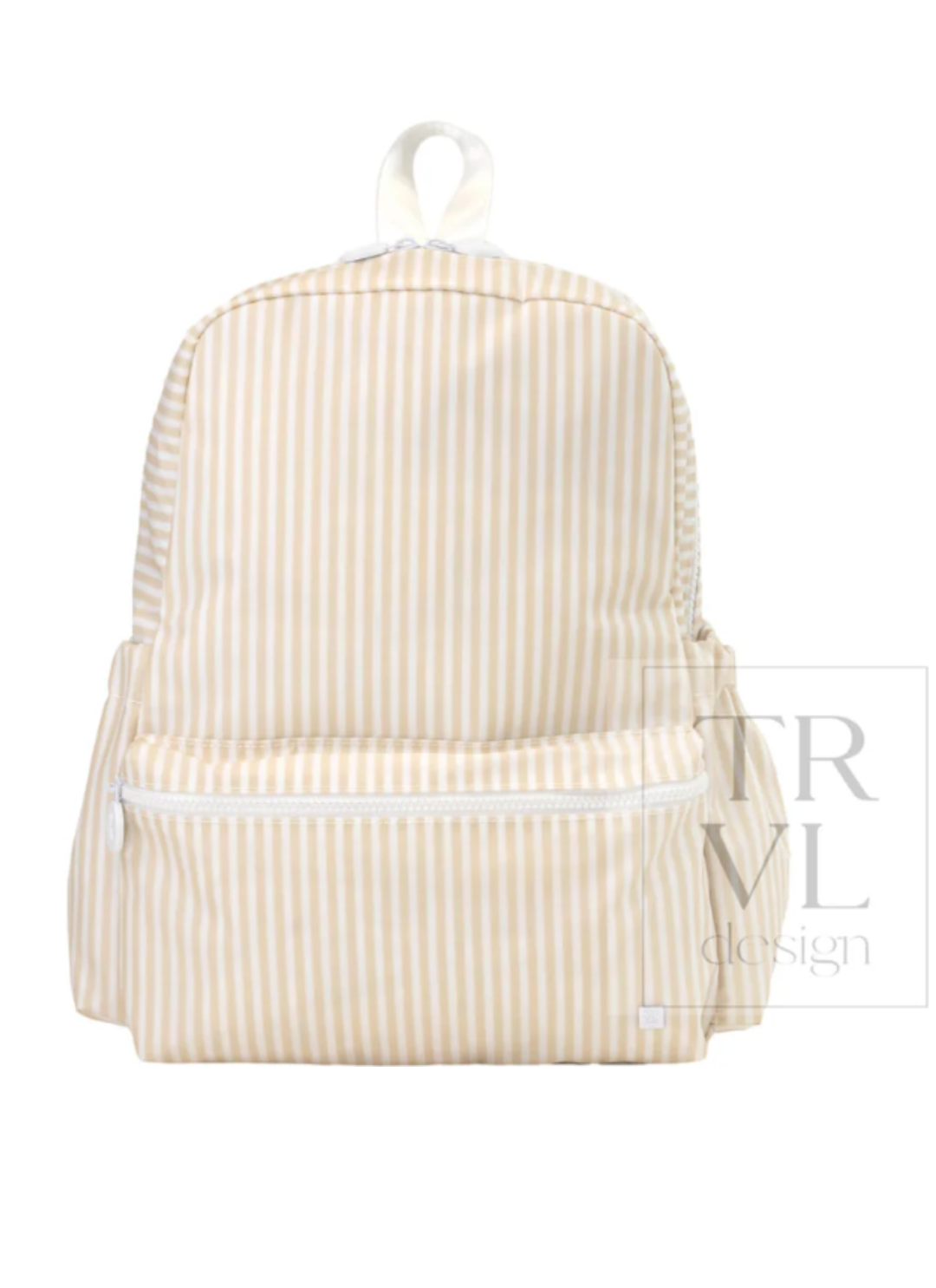 Beige striped backpack on a white background with &