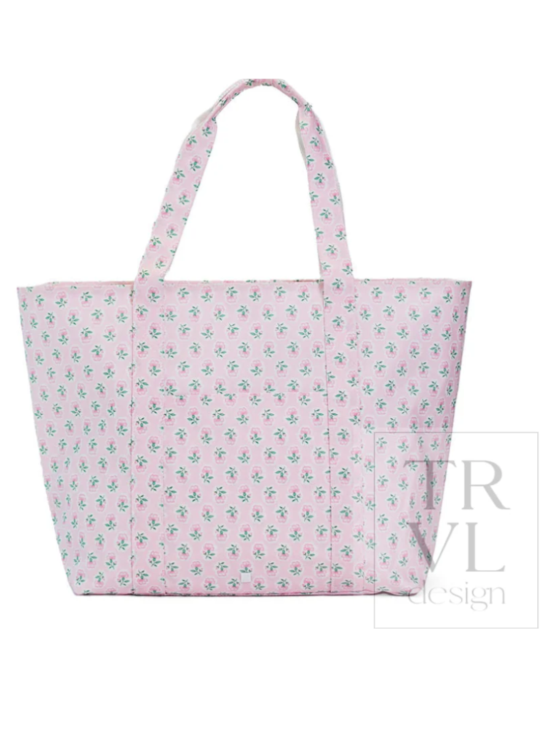 Pink tote bag with floral pattern on a white background