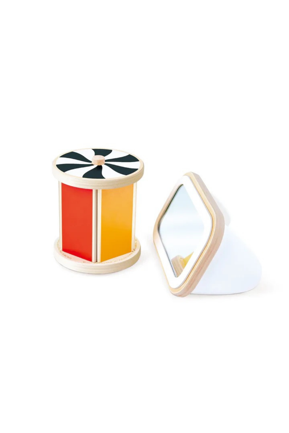 Colorful cylindrical container with a mirror on a white background