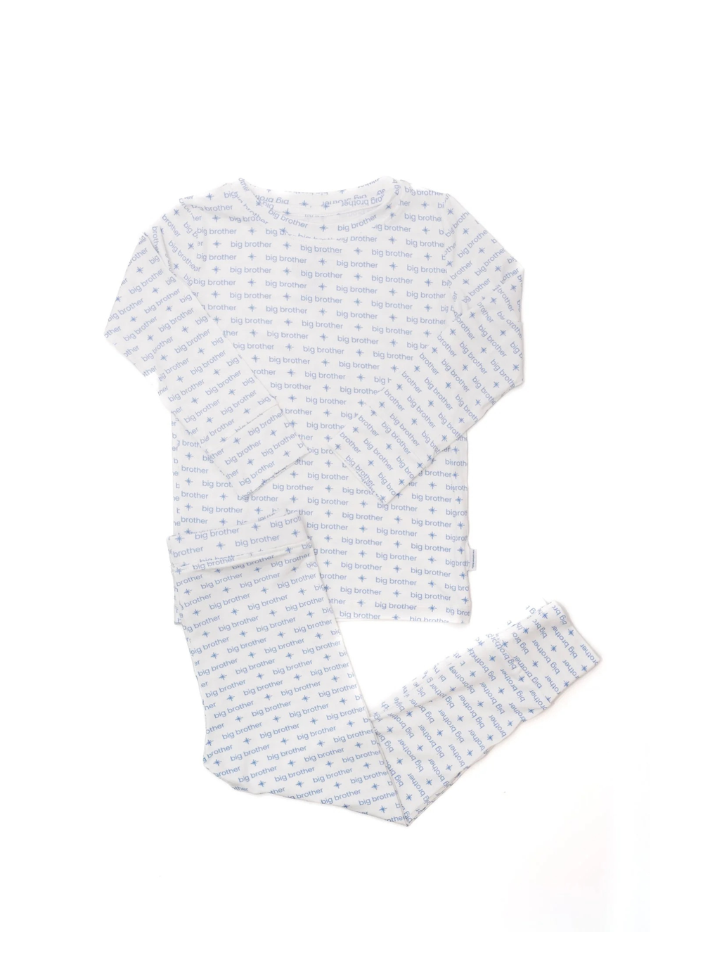 A two-piece children's pajama set featuring a long-sleeve top and matching pants, both printed with a repeating pattern of the word 'Pajamers' in blue on a white background.