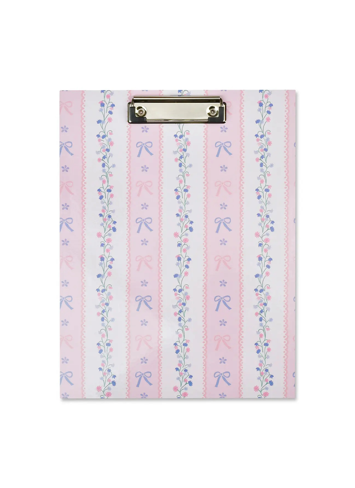 Pink clipboard with floral design and text on a white background