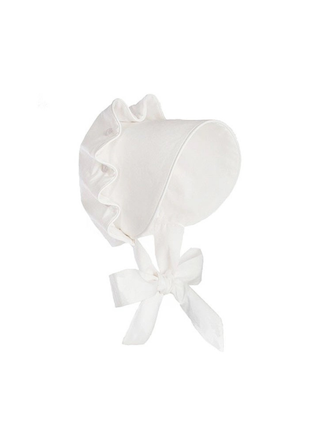 A white satin bonnet with a ruffled brim and a tied bow underneath, shown against a plain white background.