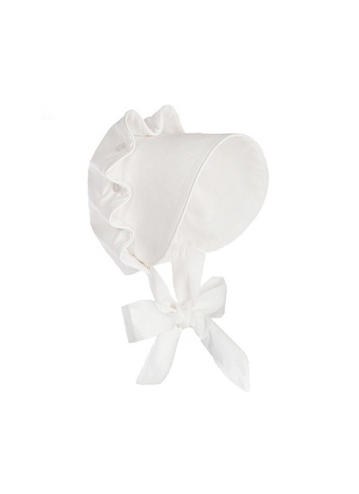 A white satin bonnet with a ruffled brim and a tied bow underneath, shown against a plain white background.